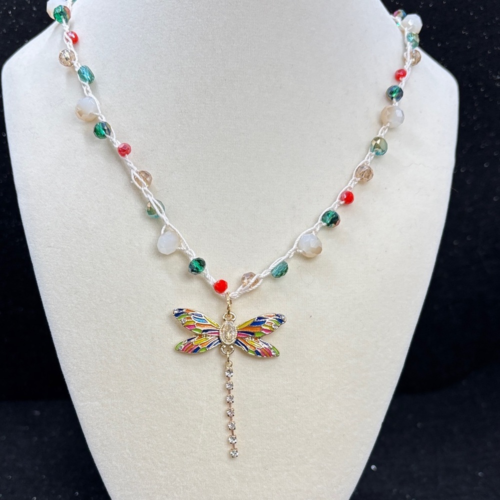 Dragonfly Beaded Crochet Necklace | Colorful Glass Beads | Adjustable 17” - Picture 3 of 9